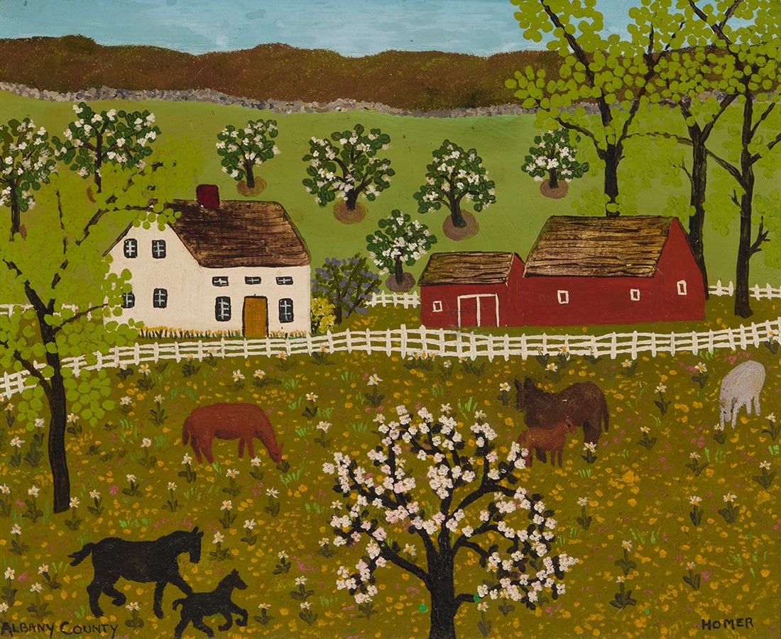 Jessie Homer French (b. 1940), "Albany County": Jessie Homer French (b. 1940) "Albany County" Oil on panel Signed and titled lower right and lower left, respectively: Homer; inscribed with copyright insignia on the frame's paper backing 9" H x
