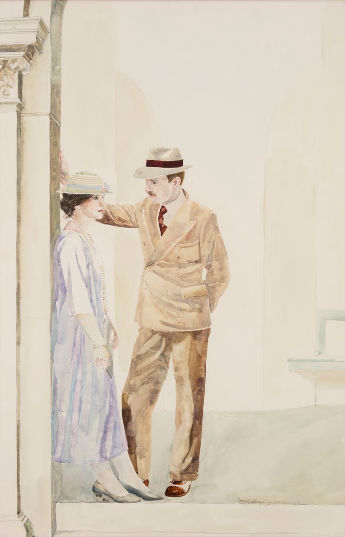 David Remfry (b. 1942), A well-dressed couple, 1981: David Remfry(b. 1942)A well-dressed couple, 1981Watercolor and pencil on paperSigned and dated in the lower right: David Remfry 1981Sight: 40" H x 25.875" W Provenance:Ankrum Gallery, Los