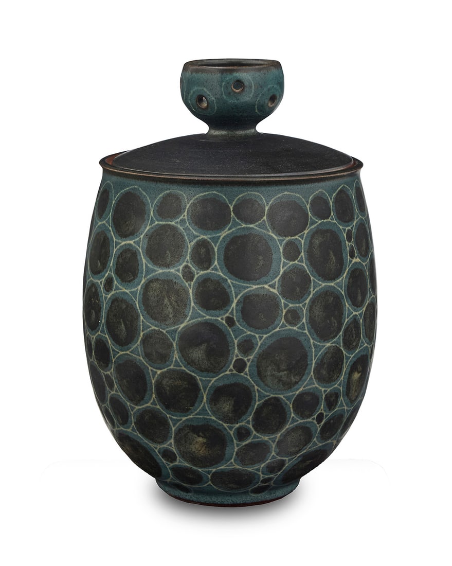 Harrison McIntosh (1914-2016), A glazed stoneware lidded jar, mid-20th century: Harrison McIntosh (1914-2016)A glazed stoneware lidded jar, mid-20th centuryImpressed with potter's chop mark: HM; applied paper label to the underside: Handthrown Stoneware / Harrison McIntosh / Clar