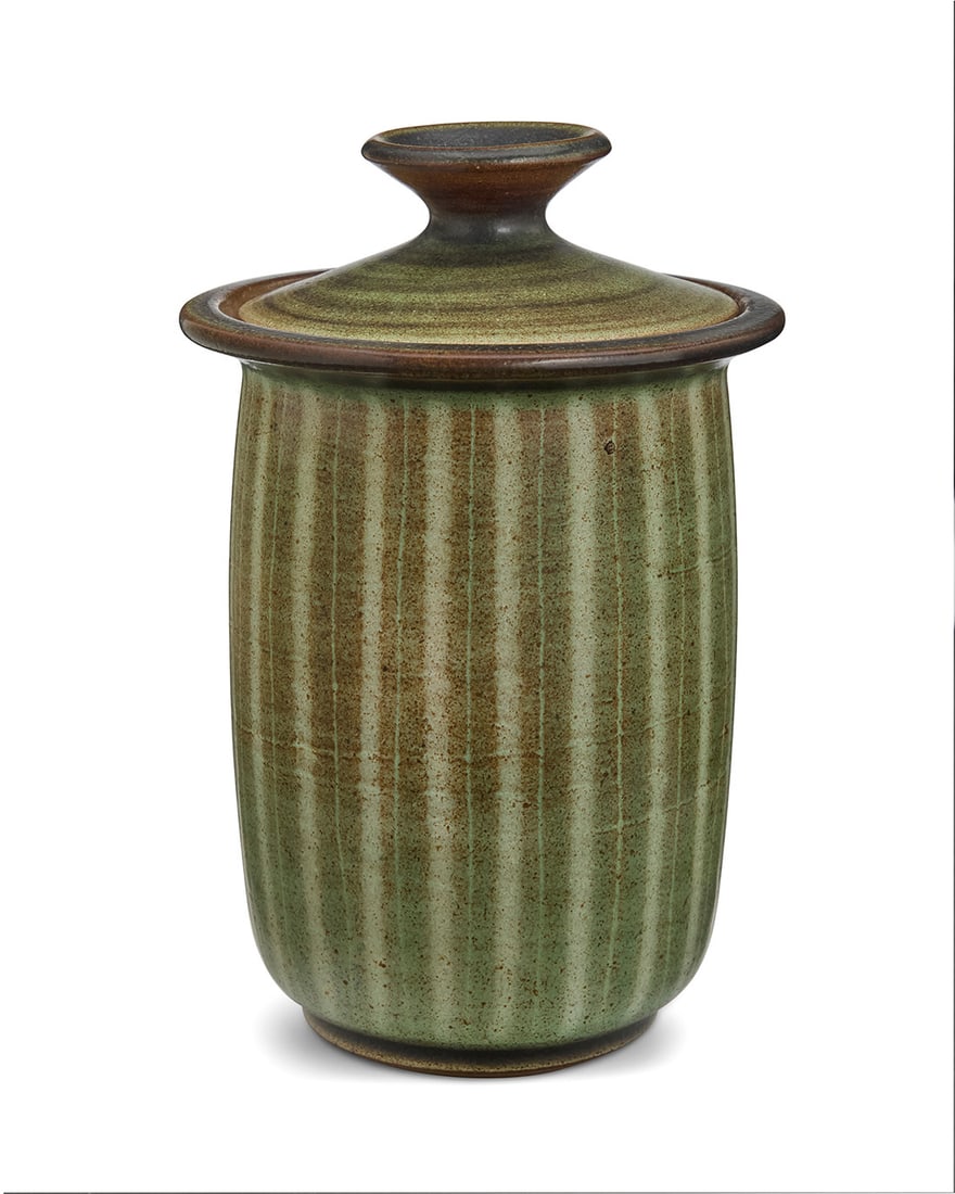 Harrison McIntosh (1914-2016), A glazed stoneware lidded jar, mid-20th century: Harrison McIntosh (1914-2016)A glazed stoneware lidded jar, mid-20th centuryImpressed with potter's chop mark: HM; applied paper label to the underside: Handthrown Stoneware / Harrison McIntosh / Clar