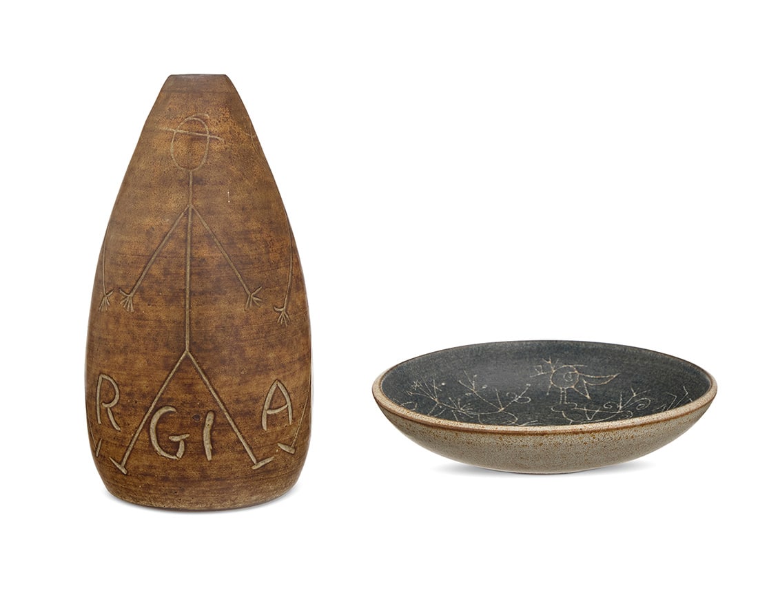 Harrison McIntosh (1914-2016), Two glazed stoneware vessels for Jorgana, mid-20th century: Harrison McIntosh (1914-2016)Two glazed stoneware vessels for Jorgana, mid-20th centuryVase incised: McIntosh [script]; bowl impressed with potter's chop mark: HMComprising a vase with brown glaze and