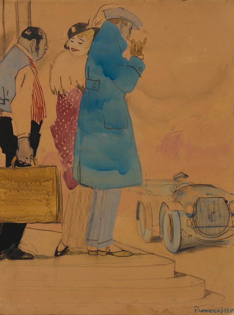 Pieter van der Hem (1885-1961), Dutch automobile advertisement: Pieter van der Hem(1885-1961)Dutch automobile advertisementWatercolor, charcoal, and mixed media on paperSigned lower right: P. van der HemSight: 23.25" H x 18" W