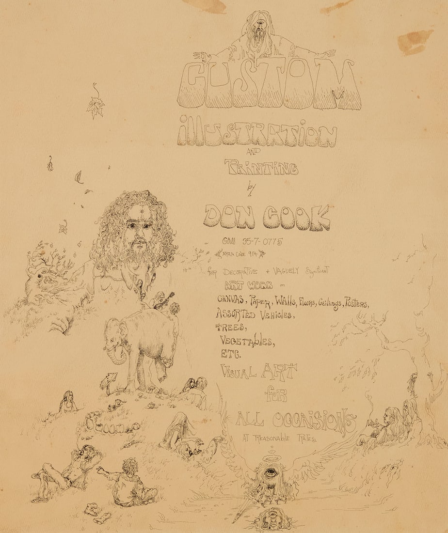 Don Cook (20th Century), Illustrated advertisement, circa 1960s: Don Cook(20th Century)Illustrated advertisement, circa 1960sInk on paperSigned, at center, as part of the self-promoting advertisement: Don CookSight: 17.25" H x 14.5" W Provenance:Private