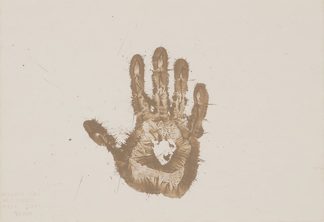 Richard Long (b. 1945), "Mud Finger Piece," 1984: Richard Long(b. 1945)"Mud Finger Piece," 1984Monotype in mud on mat boardEdition: 73/100Stamp-signed, titled, dated, and numbered in red ink at lower right: Richard Long / Mud Finger / Piece 1984; num