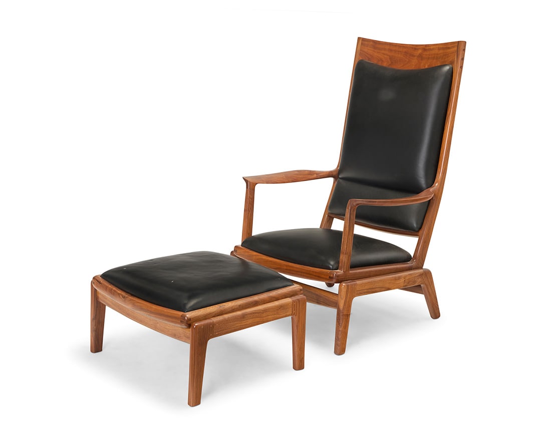 Sam Maloof (1916-2009), A reclining lounge chair, 1972: Sam Maloof (1916-2009)A reclining lounge chair, 1972Chair with burn marked signature and date: No. 69 Nov. 1972 Sam Maloof; ottoman incised: FEach upholstered in black leather, comprising an armchair