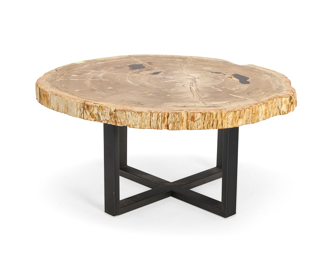 A Modern petrified wood table: A Modern petrified wood tableLate 20th centuryThe top in-filled with resin, raised on an enameled metal X-form base18.5" H x 40" W x 36.5" D