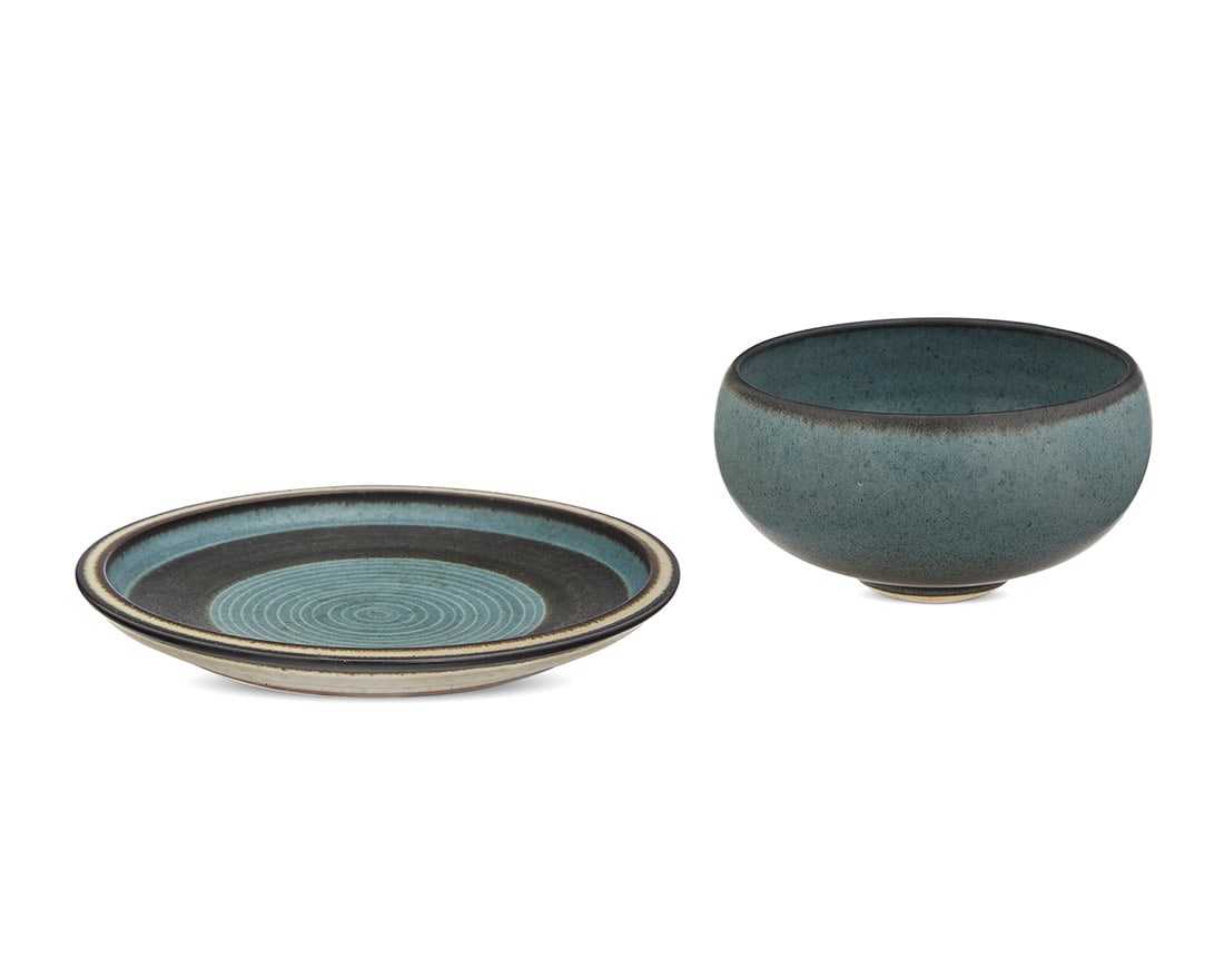 Harrison McIntosh (1914-2016), Two glazed stoneware vessels, mid-20th century: Harrison McIntosh (1914-2016) Two glazed stoneware vessels, mid-20th century Each impressed with potter's chop mark: HM; applied paper label to the underside: Handthrown Stoneware / Harrison McIntosh