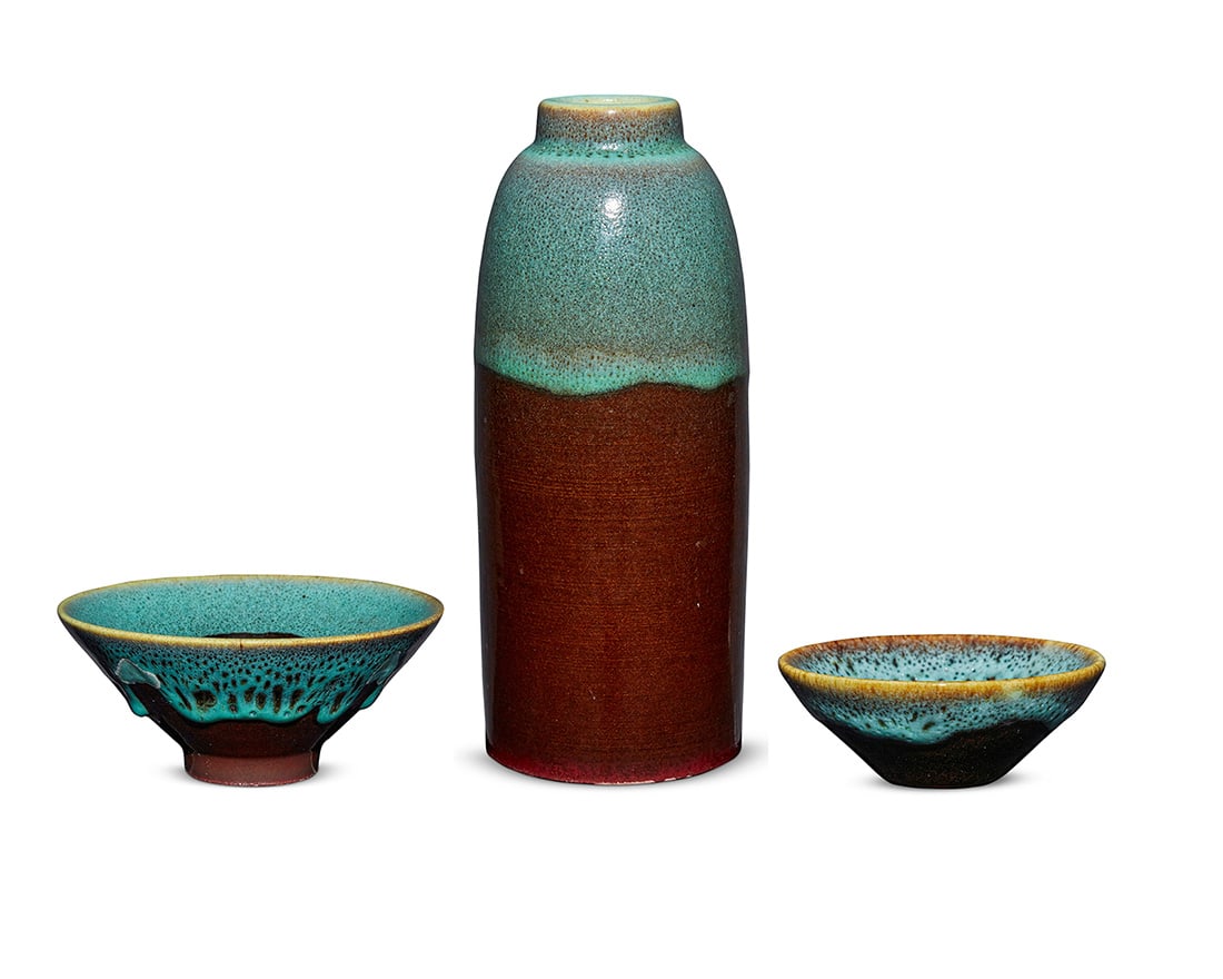Harrison McIntosh (1914-2016), Three glazed stoneware vessels, mid-20th century: Harrison McIntosh (1914-2016) Three glazed stoneware vessels, mid-20th century Vase incised: MCINTOSH 594; larger bowl incised: MCINTOSH 616 Each with brown and thickly applied pale green glazes,