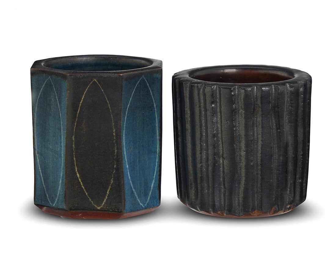 Harrison McIntosh (1914-2016), Two glazed stoneware vessels, mid-20th century: Harrison McIntosh (1914-2016) Two glazed stoneware vessels, mid-20th century Each impressed with potter's chop mark: HM; one with applied paper label to the underside: Handthrown Stoneware / Harrison