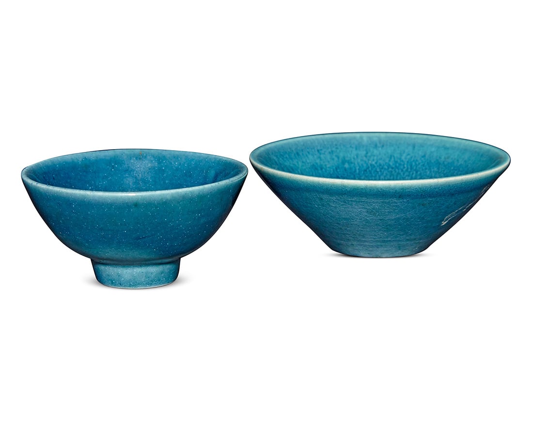 Harrison McIntosh (1914-2016), Two glazed stoneware bowls, mid-20th century: Harrison McIntosh (1914-2016) Two glazed stoneware bowls, mid-20th century Larger incised: HARRISON MCINTOSH / 182; smaller incised: HM [within a square] Each with glossy blue glaze 2 pieces Larger: