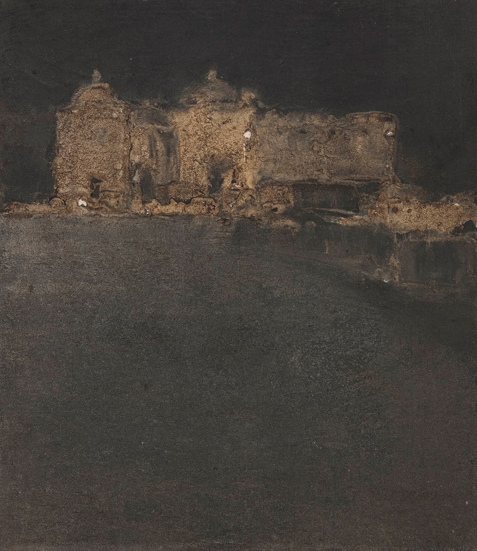 Louis Bassi Siegriest (1899-1989), "Mexican Church," 1970: Louis Bassi Siegriest (1899-1989) "Mexican Church," 1970 Oil and sand on panel Signed, dated, and titled verso: Siegriest / 70 17.75" H x 15.25" W