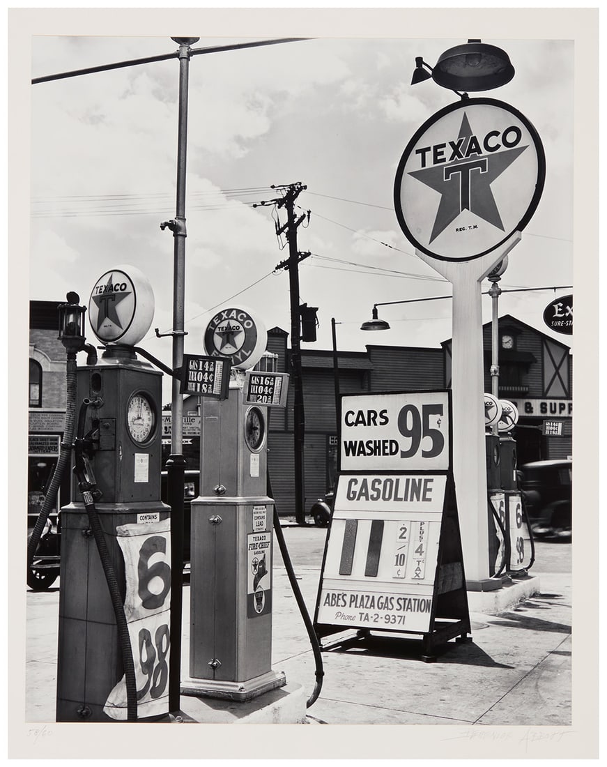 Berenice Abbott (1898-1991), "Gasoline Station, Tremont Avenue and Dock Street, Bronx," circa 1937,: Berenice Abbott(1898-1991)"Gasoline Station, Tremont Avenue and Dock Street, Bronx," circa 1937, from "New York Portfolio III"Gelatin silver print on paper, dry mounted to a mat board support, as issu