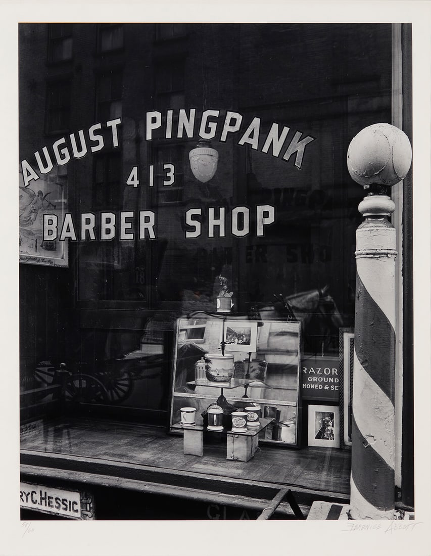 Berenice Abbott (1898-1991), "August Pingpank Barber Shop," circa 1936, from "New York Portfolio IV" (1 of 7)
