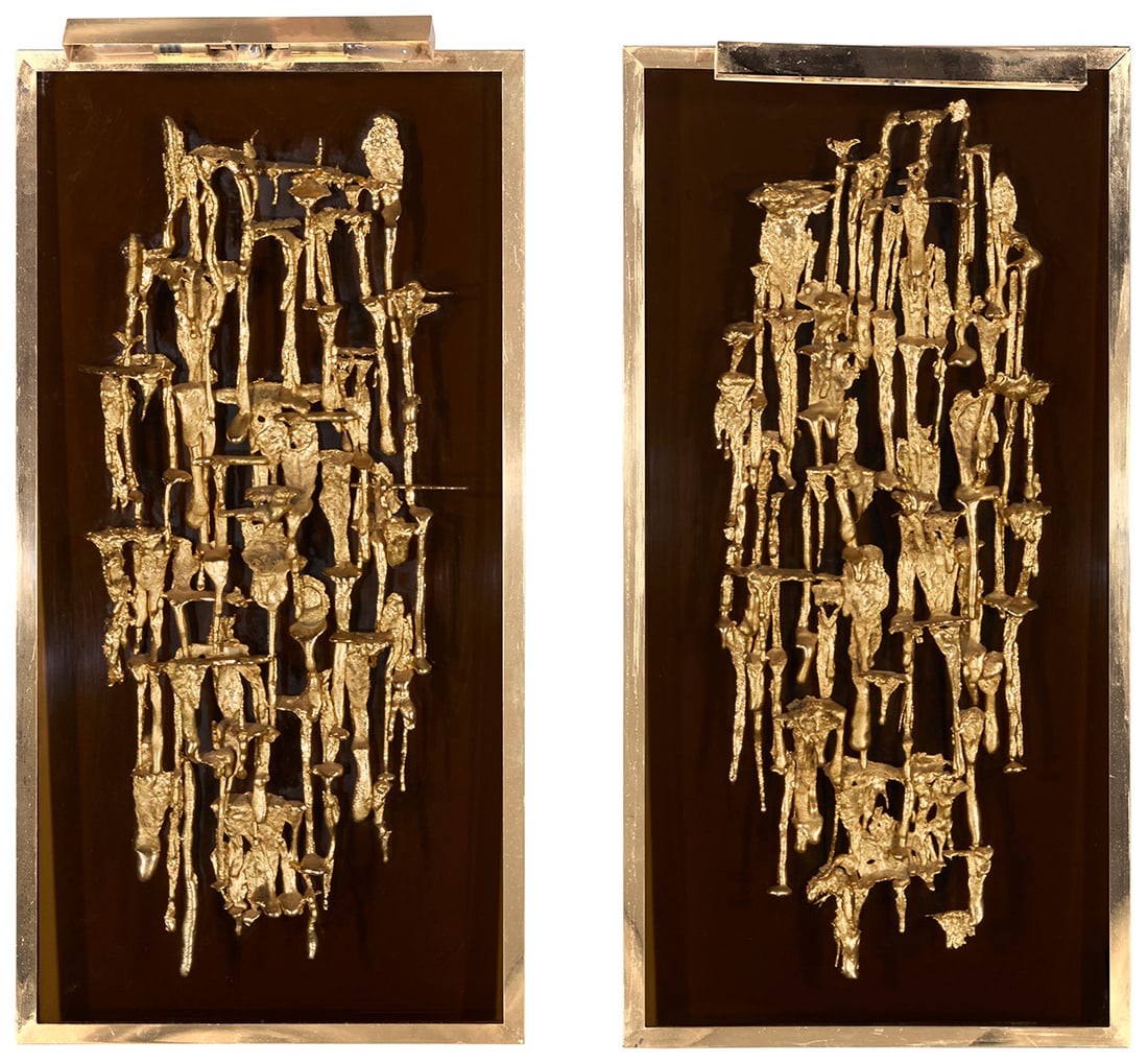 A pair of Brutalist style gilt metal panels: A pair of Brutalist style gilt metal panels Mid/late 20th century Each unmarked Each gilt-metal abstract drip sculpture mounted to acrylic, set in a gold-toned metal frame with gallery light,