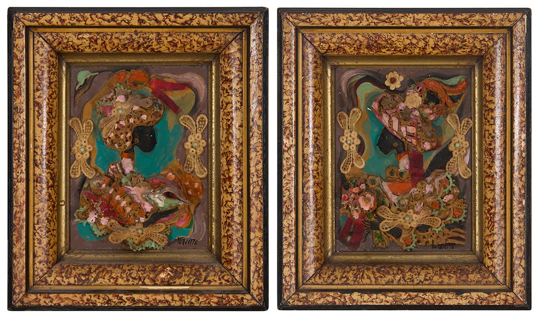 Tony Duquette (1914-1999), Two works: Abstract portraits: Tony Duquette (1914-1999) Two works: Abstract portraits Oil and mixed media collage with 3D sculpted elements on panel Each signed lower right: Duquette 2 pieces Each: 8" H x 6" W Other notes: We