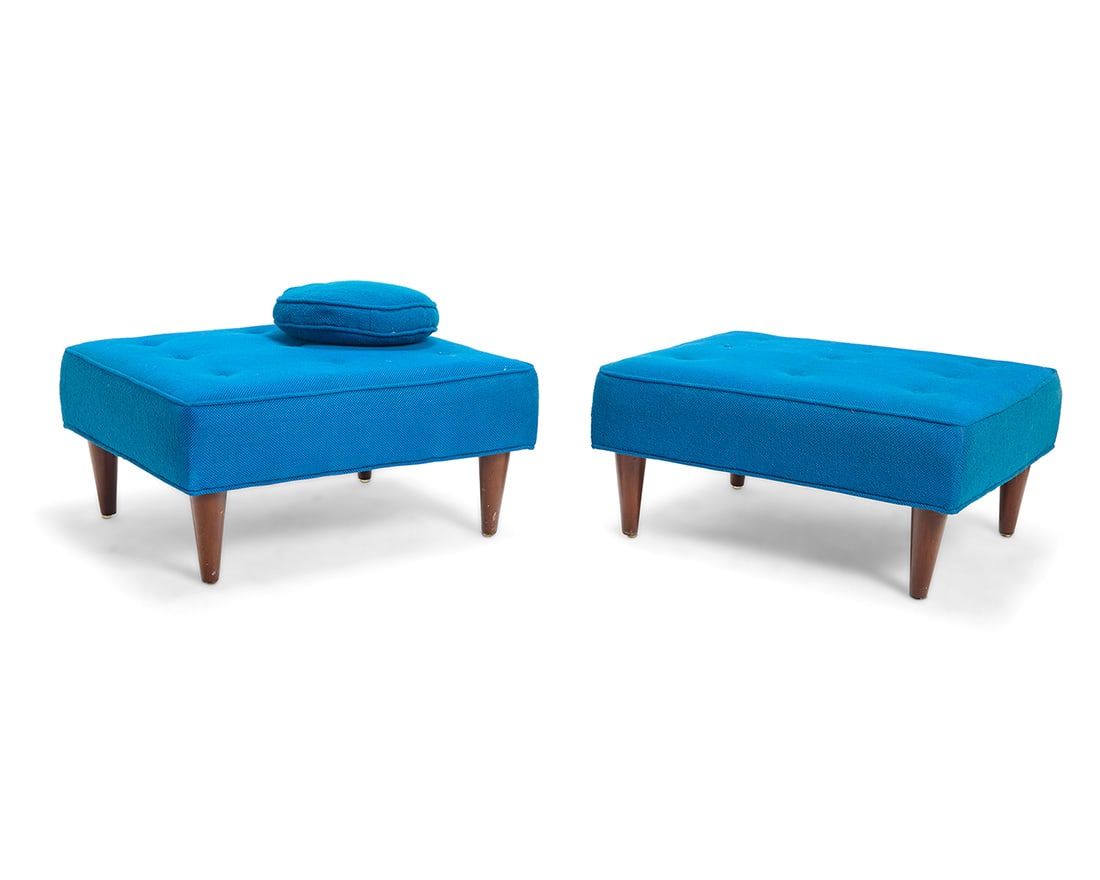 A pair of Modern upholstered ottomans: A pair of Modern upholstered ottomans Mid-20th century Each unmarked With original tufted upholstery and conforming throw pillow 3 pieces Each: 14.5" H x 29" W x 25.5" D Provenance: Private
