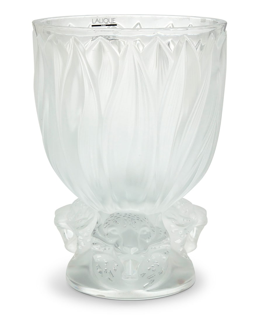 A Lalique glass 'Three Jaguars' vase: A Lalique glass 'Three Jaguars' vase Late 20th/early 21st century Etched to underside: Lalique ® France / 929; with factory label 11.25" H x 8.25" Dia. Provenance: The Estate of Elaine Wynn