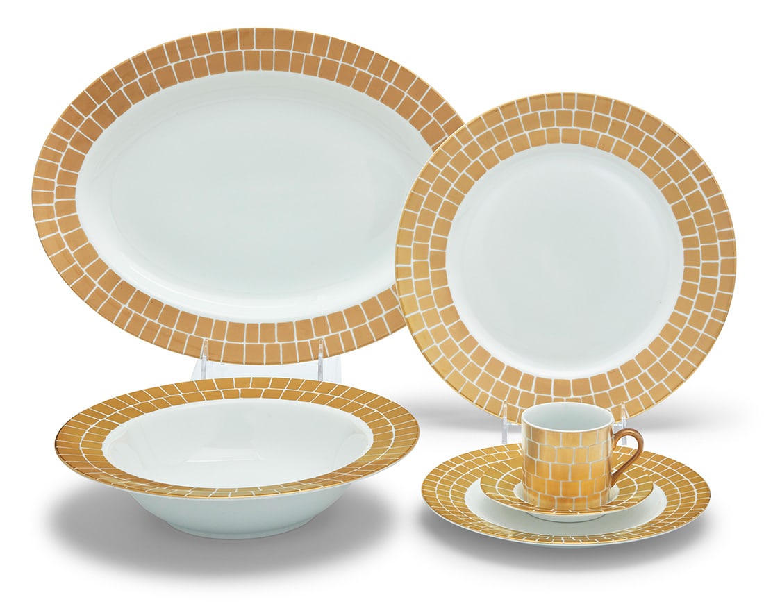 A Marc Blackwell porcelain 'Palazzo' dinner service: A Marc Blackwell porcelain 'Palazzo' dinner service Early 21st century Each with printed factory mark and pattern Comprising: 16 dinner plates (10.75") 16 salad plates (8.125") 12 demitasse cups