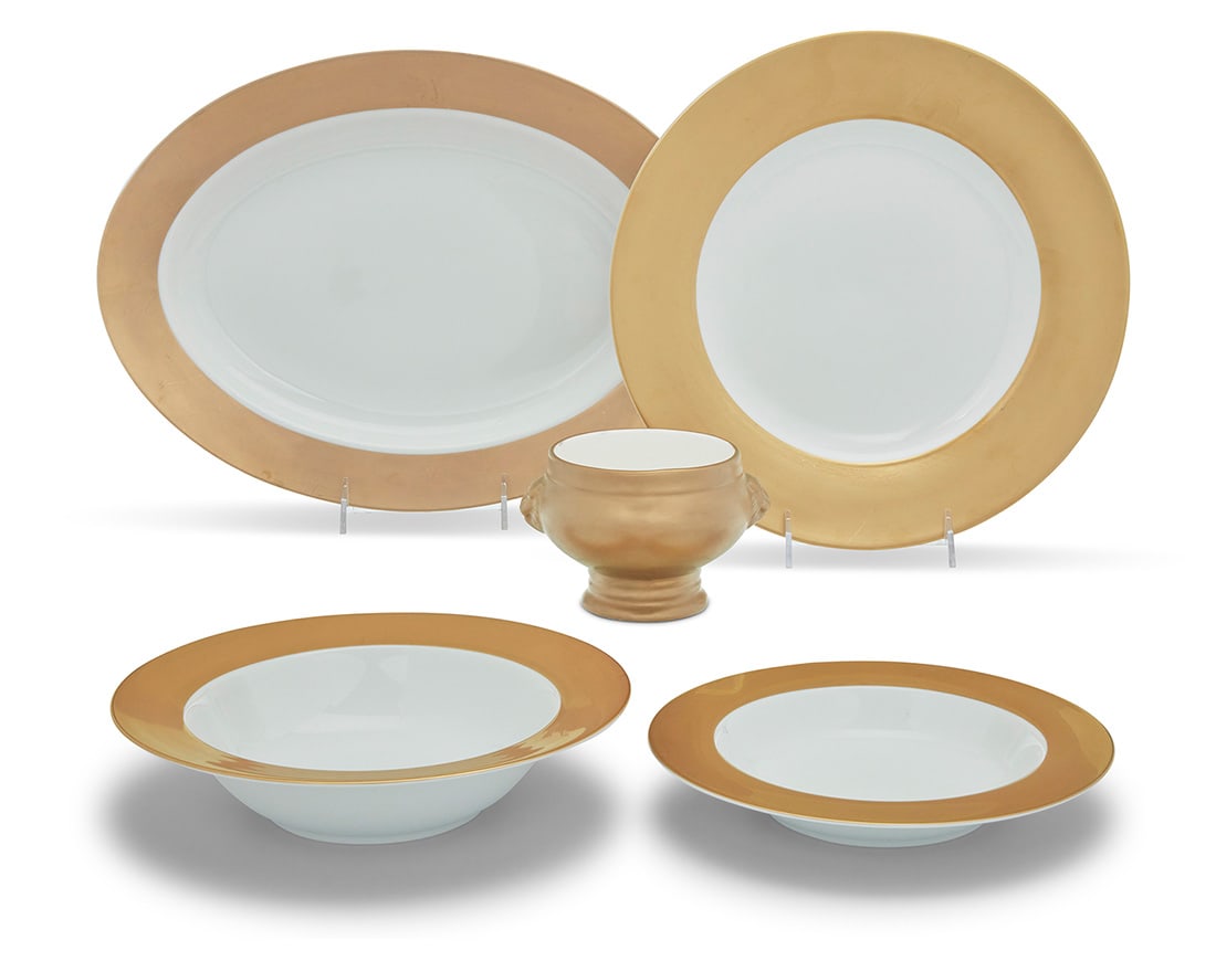 A Marc Blackwell porcelain 'Florentine' dinner service: A Marc Blackwell porcelain 'Florentine' dinner service Early 21st century Each with printed factory mark and pattern Comprising: 16 dinner plates (12") 16 wide rim soup bowls (9.25") 16 footed cream