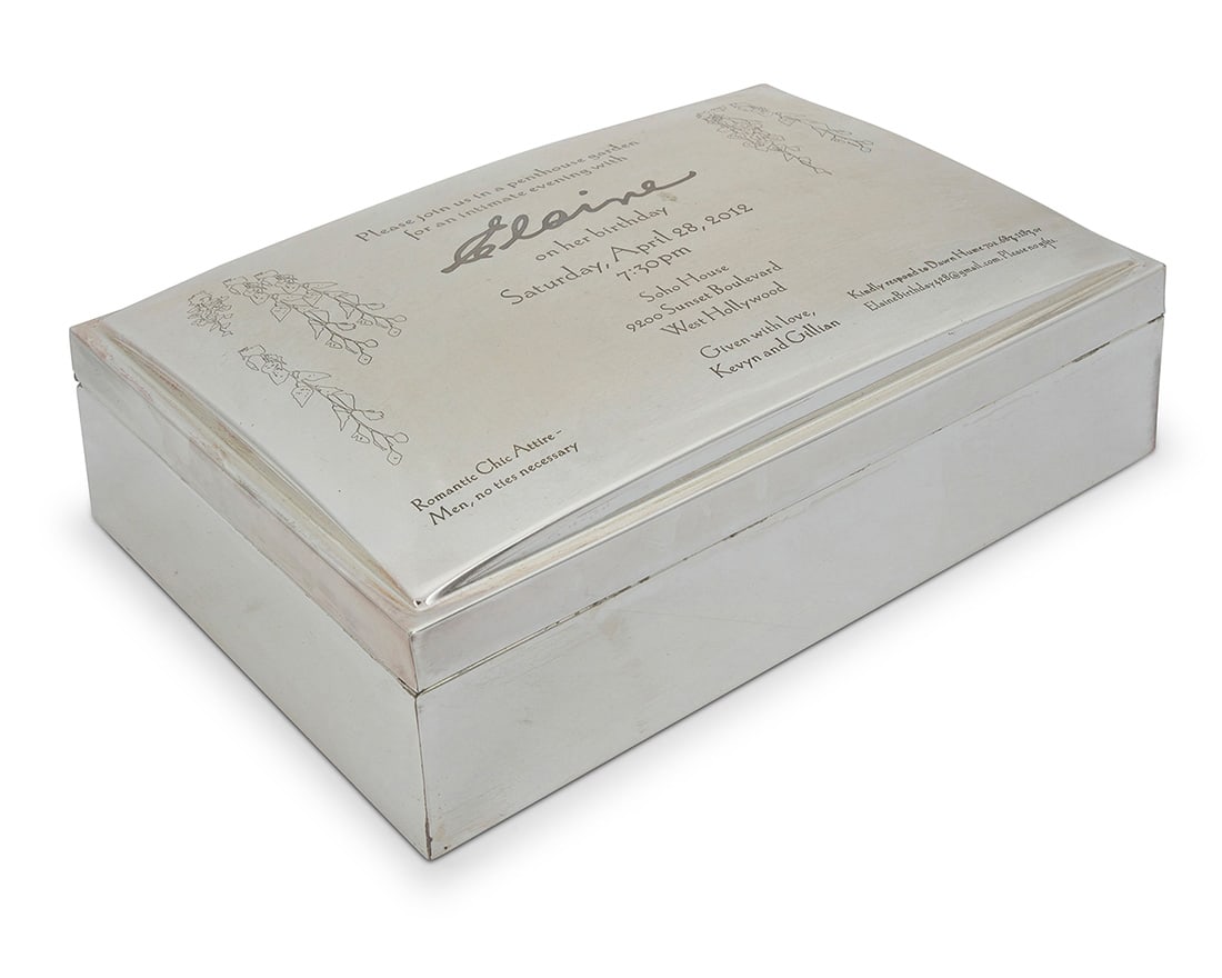 A Contemporary velvet lined jewelry box inscribed with invitation: A Contemporary velvet lined jewelry box inscribed with invitation Early 21st century Marked to underside: Pottery Barn Inscribed: Please join us in a penthouse garden / for an intimate evening with /