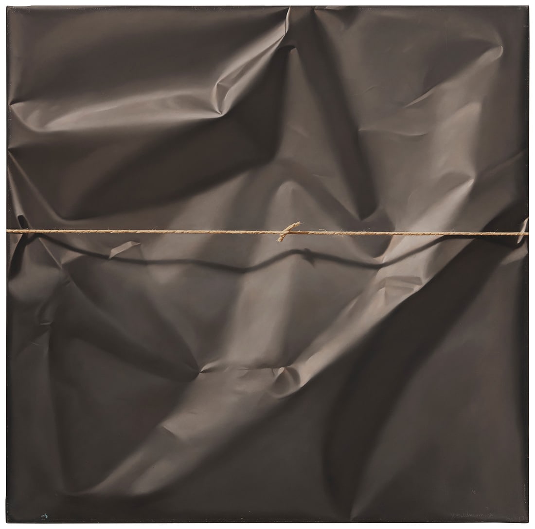 Yrjˆ Edelmann (1941-2016), Black paper, 1980: Yrjˆ Edelmann(1941-2016)Black paper, 1980Oil on canvasSigned and dated lower right: Y. Edelmann -80; part of a title, possibly "Packed[?] Night....," showing on a partially preserved gallery label af