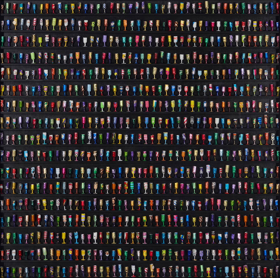 Joanne Tinker (b. 1969), "Goblets XXIX": Joanne Tinker(b. 1969)"Goblets XXIX"Chocolate and sweet aluminum foils, adhesive, and woodSigned and titled verso: Joanne Tinker34" H x 34" W Provenance:Wychwood Art Gallery, Deddington, U