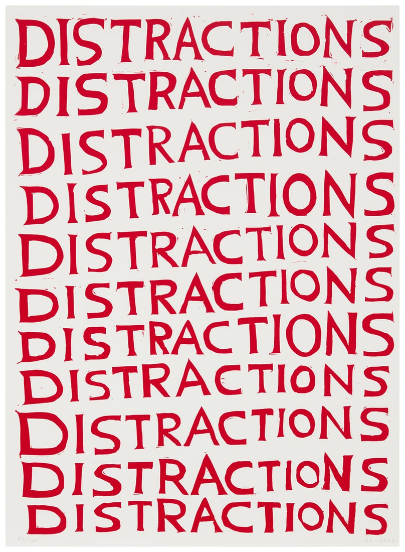 David Shrigley (b. 1968), "Distractions," 2022: David Shrigley (b. 1968) "Distractions," 2022 Linocut in colors on paper Edition: 52/100 Initialed, dated, and numbered in pencil along the lower edge: DS 2022; Schafer Grafik, Copenhagen, Denmark,
