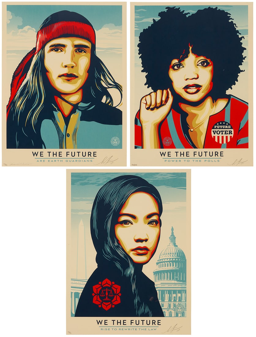 Shepard Fairey (b. 1970), "We The Future" triptych, 2018: Shepard Fairey (b. 1970) "We The Future" triptych, 2018 The set of three screenprints in colors on speckled cream paper Edition of each: 340/450 Each signed, dated, and numbered in pencil in the