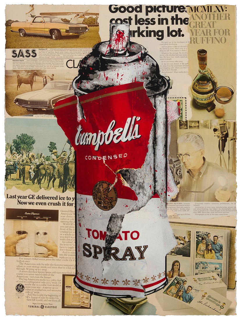Mr. Brainwash (b. 1966), "Torn Spray Can," 2020: Mr. Brainwash(b. 1966)"Torn Spray Can," 2020Mixed media and paper collage on paperEdition: 1/1Signed in ink in the lower left quadrant, along the left edge of the spray can: Mr. Brainwash; signed agai
