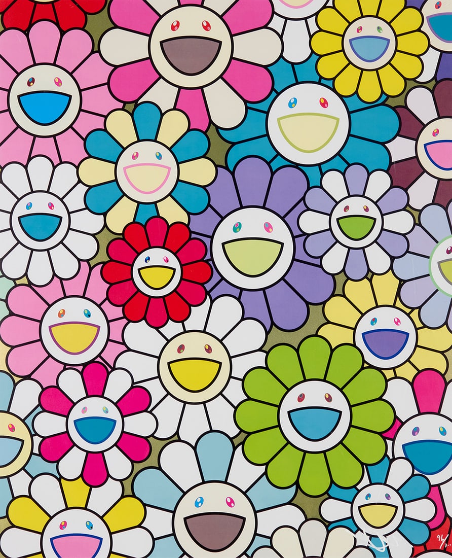 Takashi Murakami (b. 1962), "A Little Flower Painting: Yellow, White and Purple Flowers," 2018: Takashi Murakami (b. 1962) "A Little Flower Painting: Yellow, White and Purple Flowers," 2018 Offset lithograph in colors on paper Edition: 96/300 Signed indistinctly and numbered in the lower right