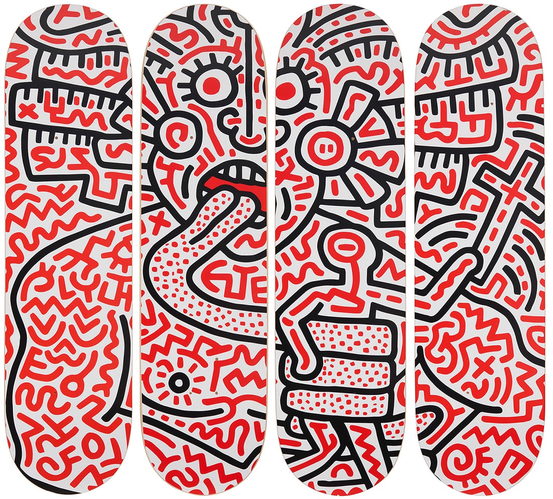 After Keith Haring (1958-1990), A skateboard deck tetraptych after "Man and Medusa" by The: After Keith Haring (1958-1990) A skateboard deck tetraptych after "Man and Medusa" by The Skateroom, 2018 Each top printed: THE SKATEROOM / Art for Social Impact / X / [Keith Haring signature]