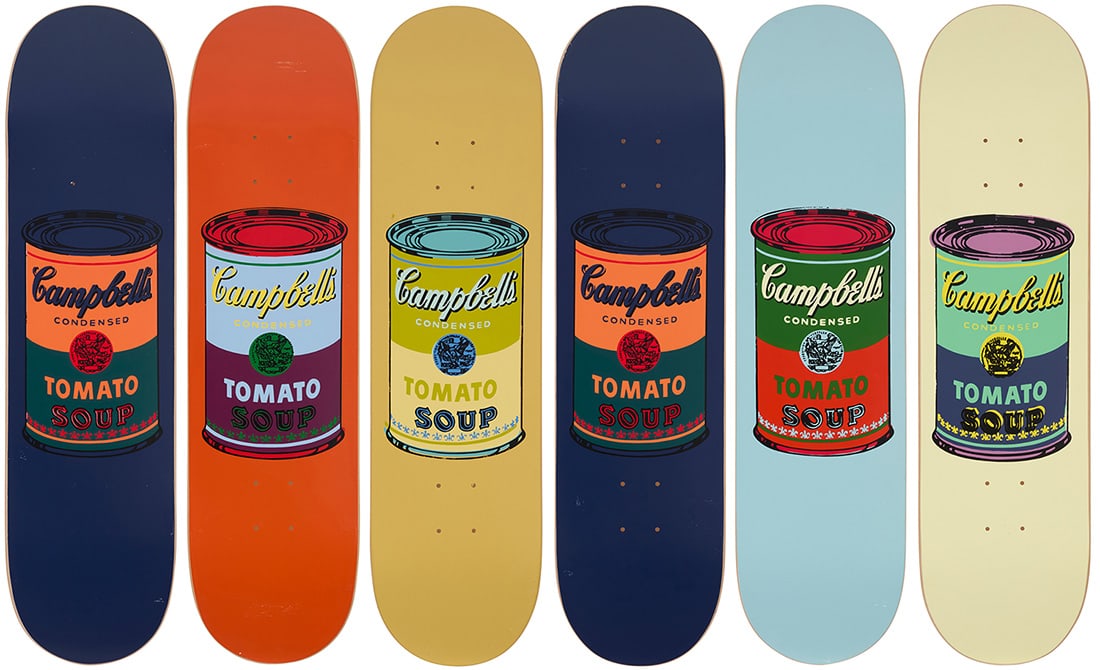 After Andy Warhol (1928-1987), Six skateboard decks with Campbell's soup can prints by The: After Andy Warhol (1928-1987) Six skateboard decks with Campbell's soup can prints by The Skateroom, circa 2020 Each from the edition of 5,000 Each top printed: THE SKATEROOM / Art for Social Impact