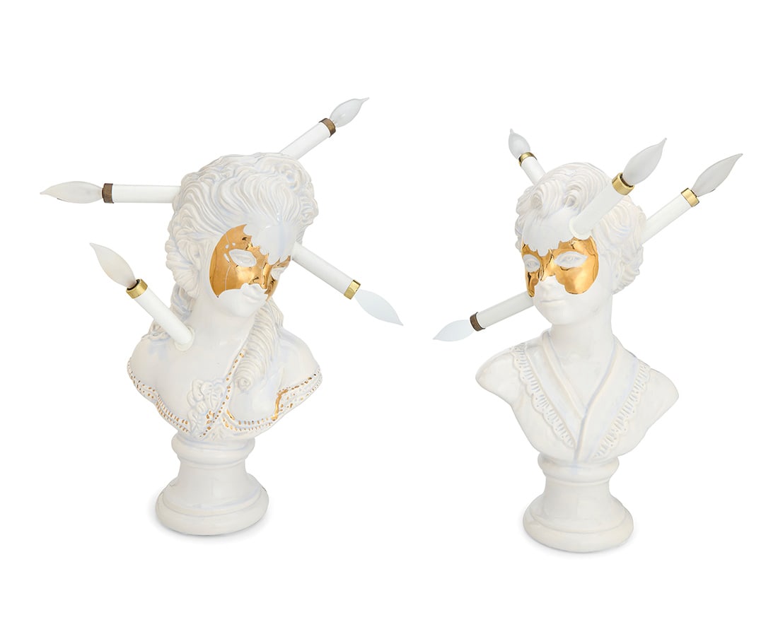 Bari Ziperstein (b. 1978), A near pair of Contemporary bust table lamps, circa 2017: Bari Ziperstein (b. 1978) A near pair of Contemporary bust table lamps, circa 2017 Each marked to base verso: [artist's logo] / BARIZIPERSTEIN.com Glazed and parcel-gilt ceramic with four lights,