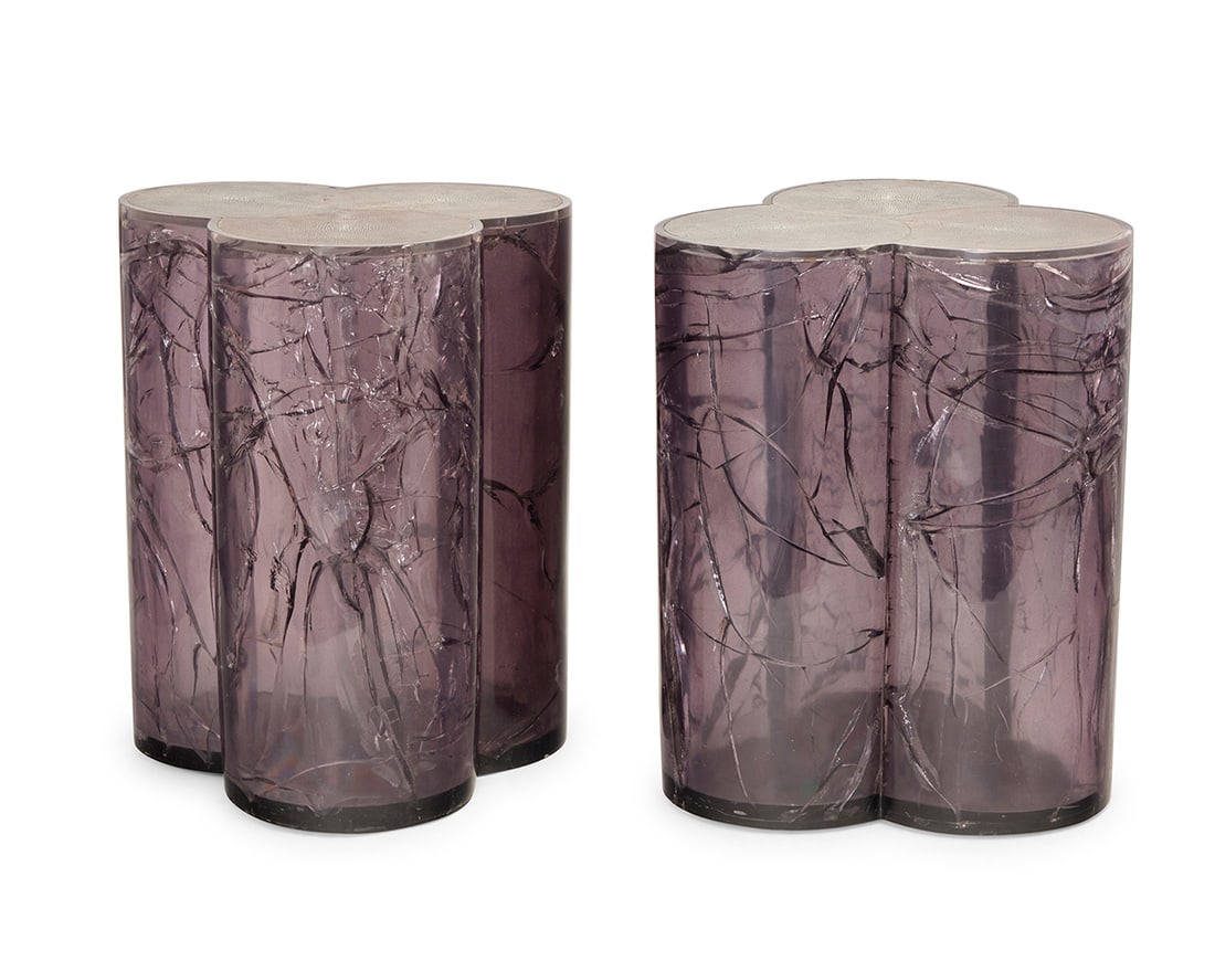A pair of Scala Luxury '3 Clover' side tables: A pair of Scala Luxury '3 Clover' side tables Early 21st century Each smoky ice resin acrylic table with faux shagreen top 2 pieces Each: 27.25" H x 21.5" W x 21.25" D Provenance: Collection of