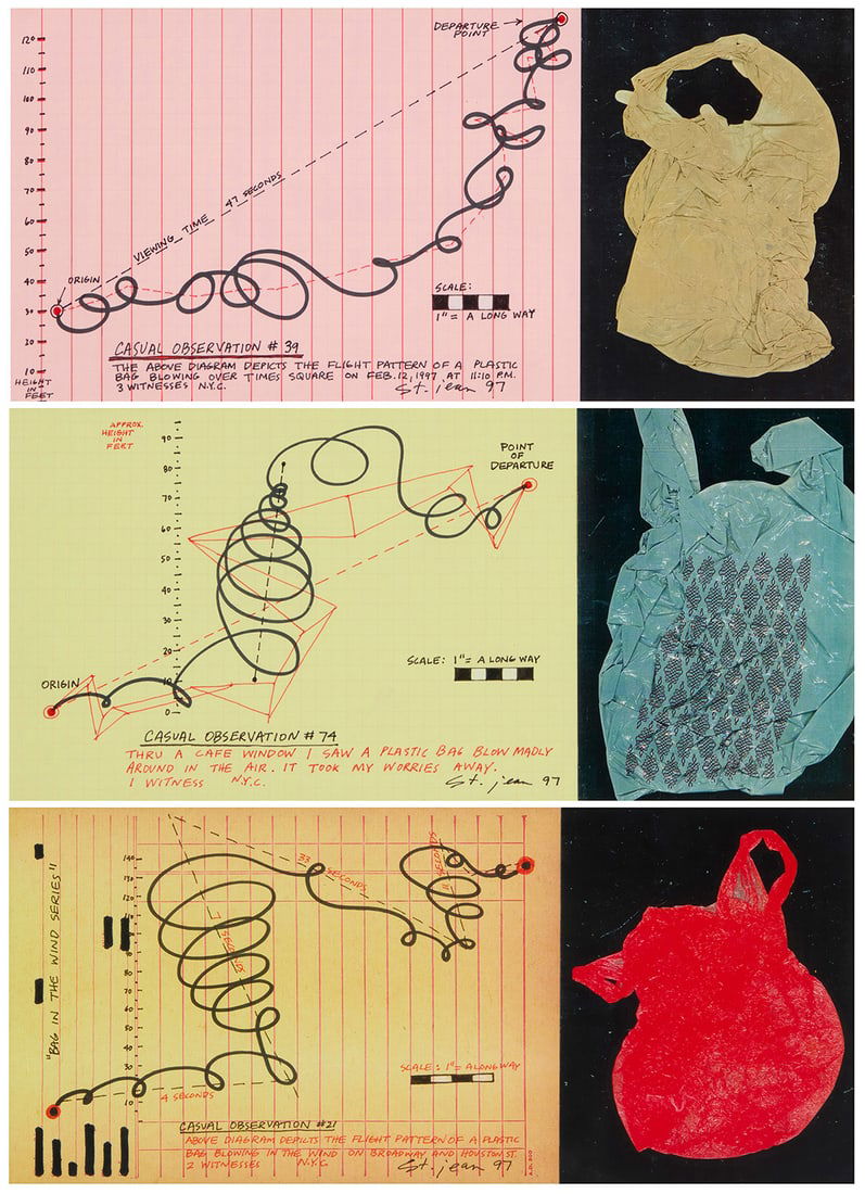 St. Jean, (20th/21st Century): St. Jean (20th/21st Century) Three works: "Casual Observation #21," from "Bag in the Wind Series," 1997 Collage and mixed media on paper Signed, titled, dated, and inscribed in ink in the lower