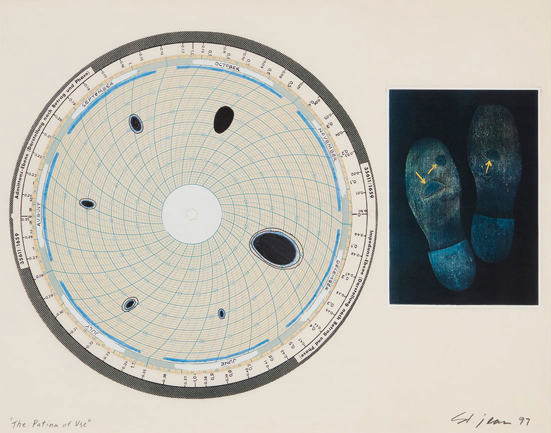 St. Jean, (20th/21st Century): St. Jean (20th/21st Century) "The Patina of Use," 1997 Collage and mixed media on paper Signed and dated lower right: St. jean 97; titled lower left Sight: 10.875" H x 13.75" W Provenance: