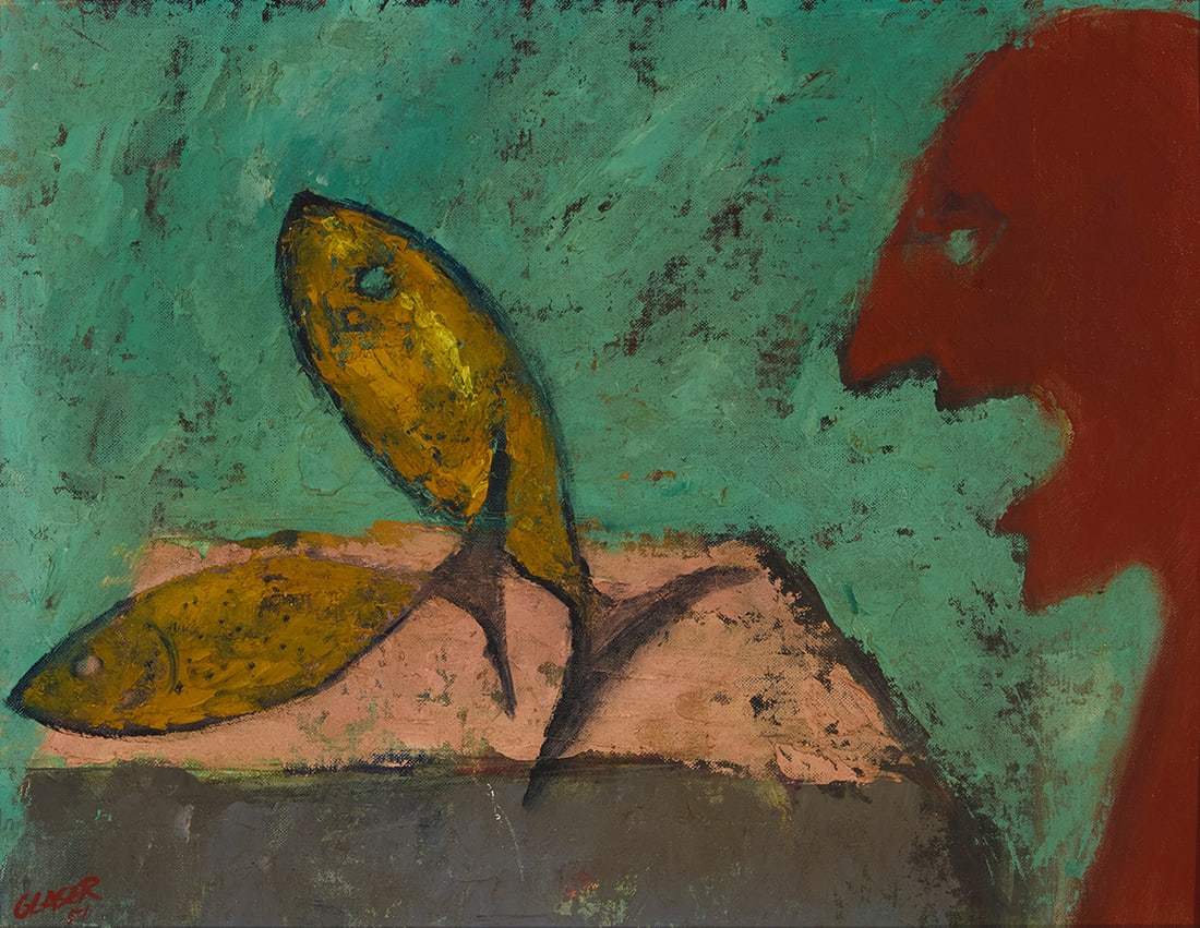 Milton Glaser (1929-2020), A figure and two fish, 1951: Milton Glaser (1929-2020) A figure and two fish, 1951 Oil on canvasboard Signed and dated lower left: Glaser / 51 14" H x 18" W Provenance: Collection of Stefan Lawrence, founder of Twentieth