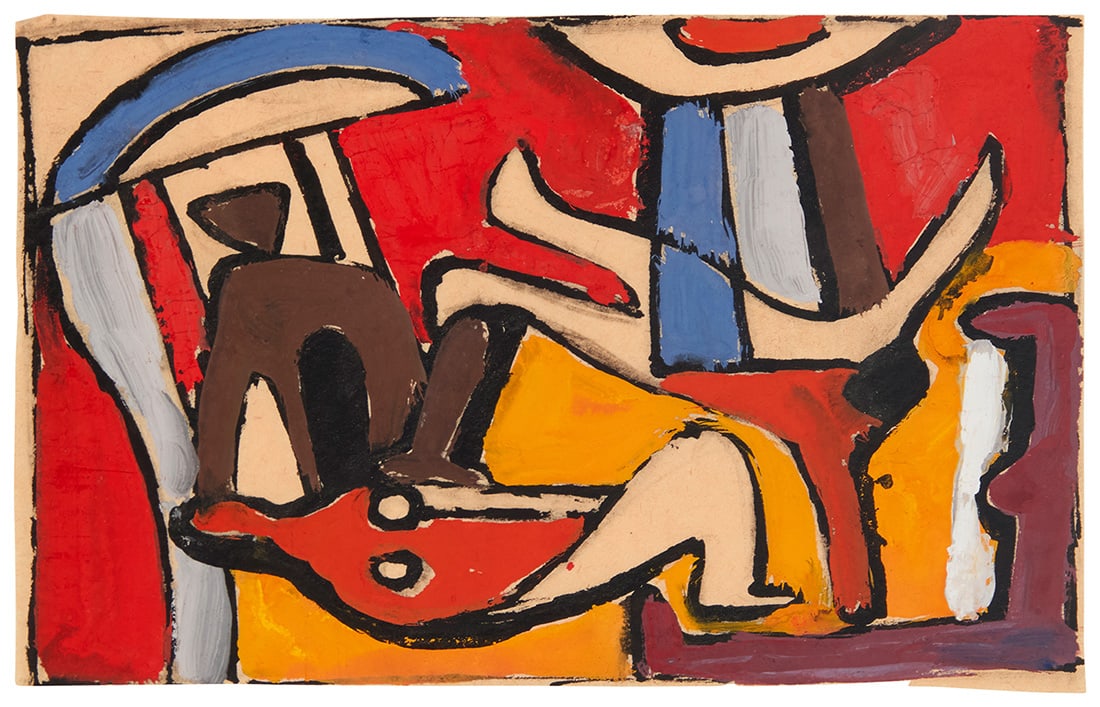 Georges Maurice Cloud (1909-1973), Abstract figural composition: Georges Maurice Cloud (1909-1973) Abstract figural composition Ink and gouache on thin beige paper Unsigned, with the artist's black ink estate stamp on the mat board's verso Image/Sheet: 4.5" H x 7"