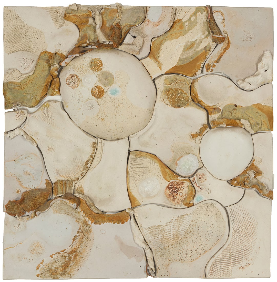 Gloria Martin (20th Century), Abstract, 1981: Gloria Martin (20th Century) Abstract, 1981 Glazed ceramic bas relief Incised signature and date at lower right: Gloria Martin 81; Marked to frame verso: TWE 0317 Ceramic: 24.625" H x 24.25" W x