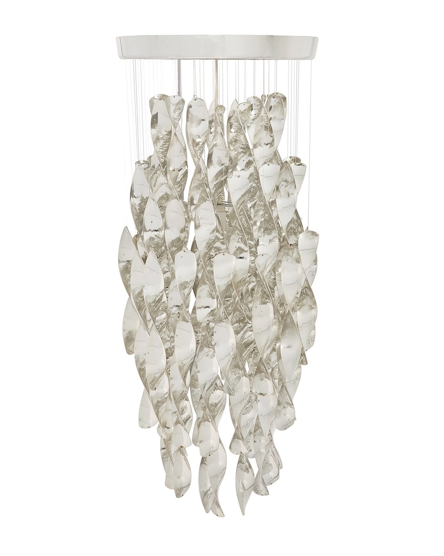 A Verner Panton 'Spiral SP1' chandelier: A Verner Panton 'Spiral SP1' chandelier Mid/late 20th century Designed 1969 Unmarked With single light and suspended chromed plastic spirals issued from a chromed metal escutcheon, electrified 44" H