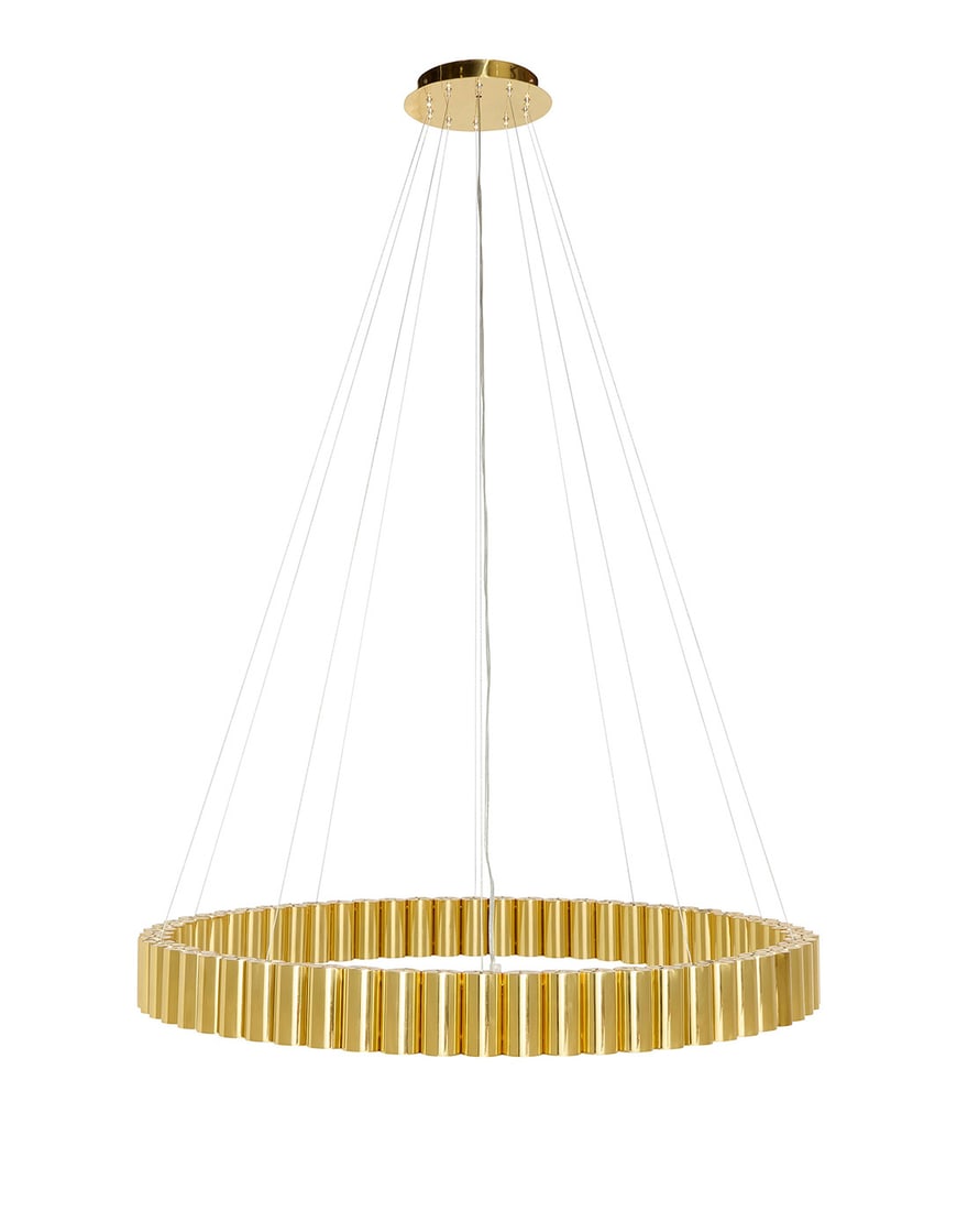 A Lee Broom 'Carousel' XL pendant light: A Lee Broom 'Carousel' XL pendant light Early 21st century With factory stamp to one light Comprising 60 gold-toned finished metal lights and conforming escutcheon joined by steel wires, electrified