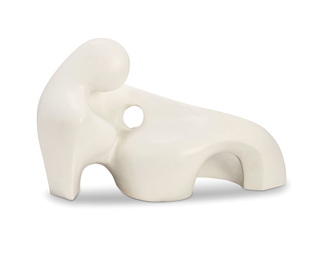 In the style of Henry Moore (1898-1986), A plaster figural sculpture, mid-20th-early 21st century: In the style of Henry Moore (1898-1986) A plaster figural sculpture, mid-20th-early 21st century Unmarked Resembling a reclining female form 24.75" H x 43" W x 22" D Provenance: Collection of