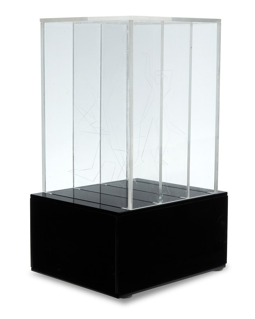 A Contemporary figural acrylic light box: A Contemporary figural acrylic light box Late 20th century Unmarked The illuminated box with four stacked acrylic partitions, each etched with a dancing figure, electrified Overall: 16" H x 8" W x