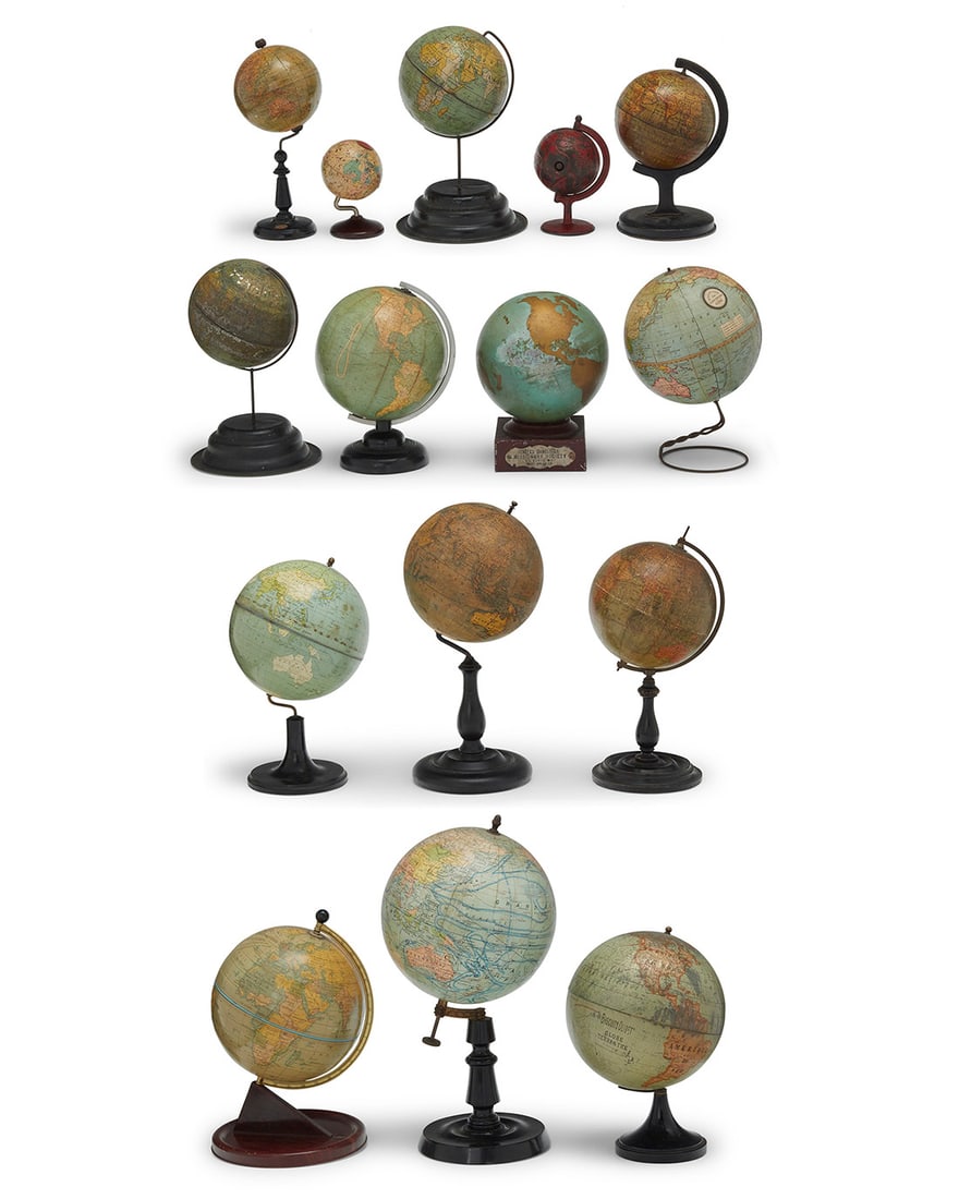 A collection of fifteen small globes: A collection of fifteen small globes20th centuryMost variously marked for makerEach raised on metal stands15 piecesTallest: 15.375" H x 8.5" Dia.; Shortest: 4.375" H x 3" Dia. Provenance:Collecti