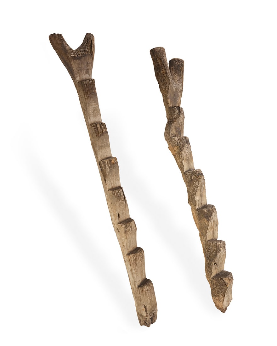 Two Dogon wood granary ladders: Two Dogon wood granary ladders20th centuryEach with notched steps2 pieces74.5" H and 72.25" H Provenance:Collection of Stefan Lawrence, founder of Twentieth Gallery, Los Angeles, CAOther no