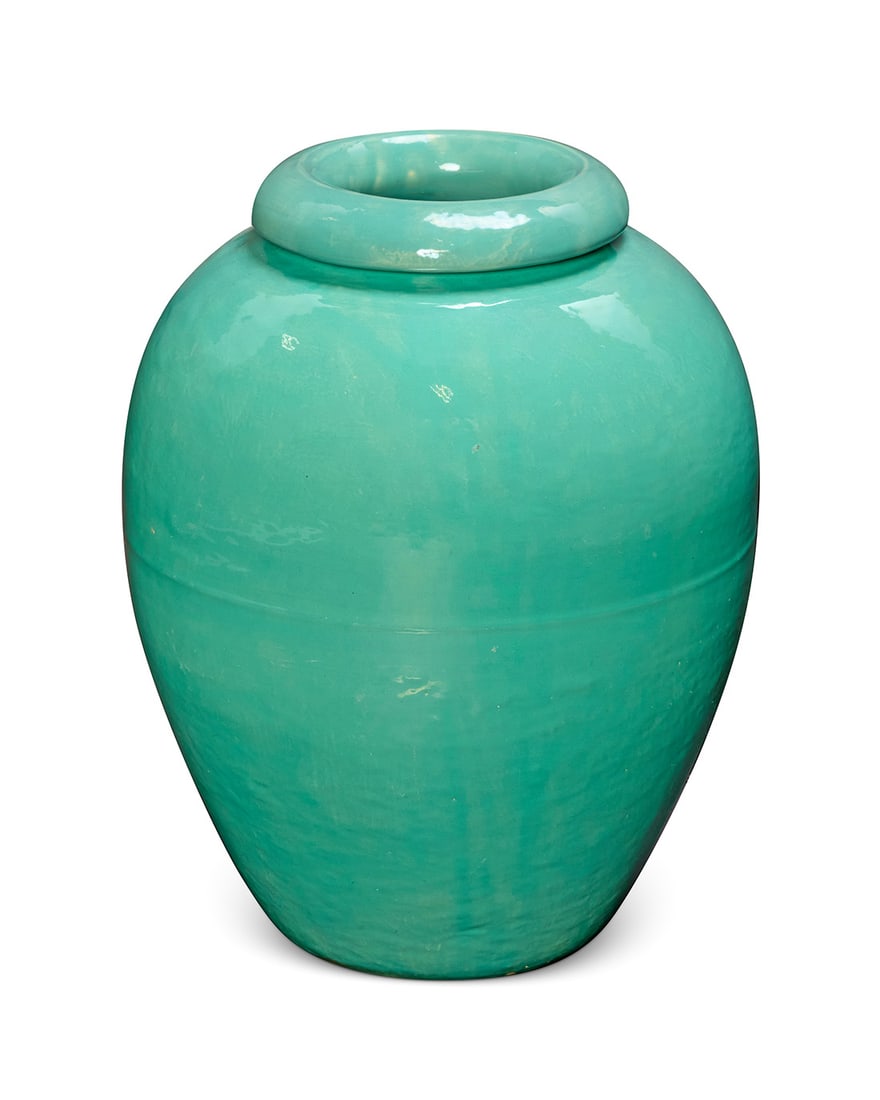 A Bauer turquoise glazed pottery oil jar: A Bauer turquoise glazed pottery oil jar Circa 1930s Unmarked 21.25" H x 17" Dia.