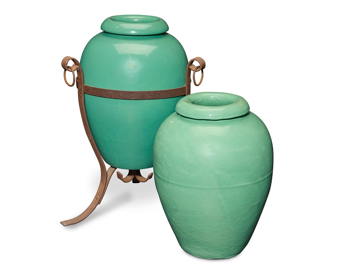 Two Bauer green glazed pottery oil jars (1 of 5)