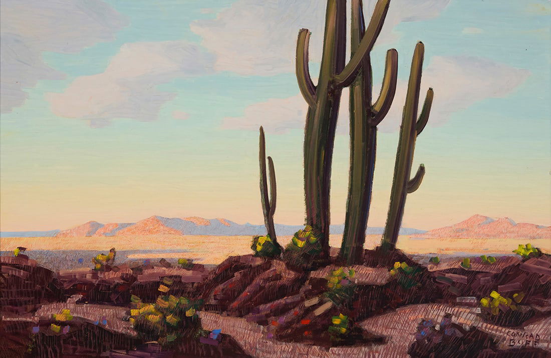 Conrad Buff (1886-1975), "Desert Landscape with Saguaro Cacti," circa 1940: Conrad Buff (1886-1975) "Desert Landscape with Saguaro Cacti," circa 1940 Oil on Masonite Signed lower right: Conrad Buff; titled and dated on a label affixed verso 23.5" H x 36" W Provenance: From