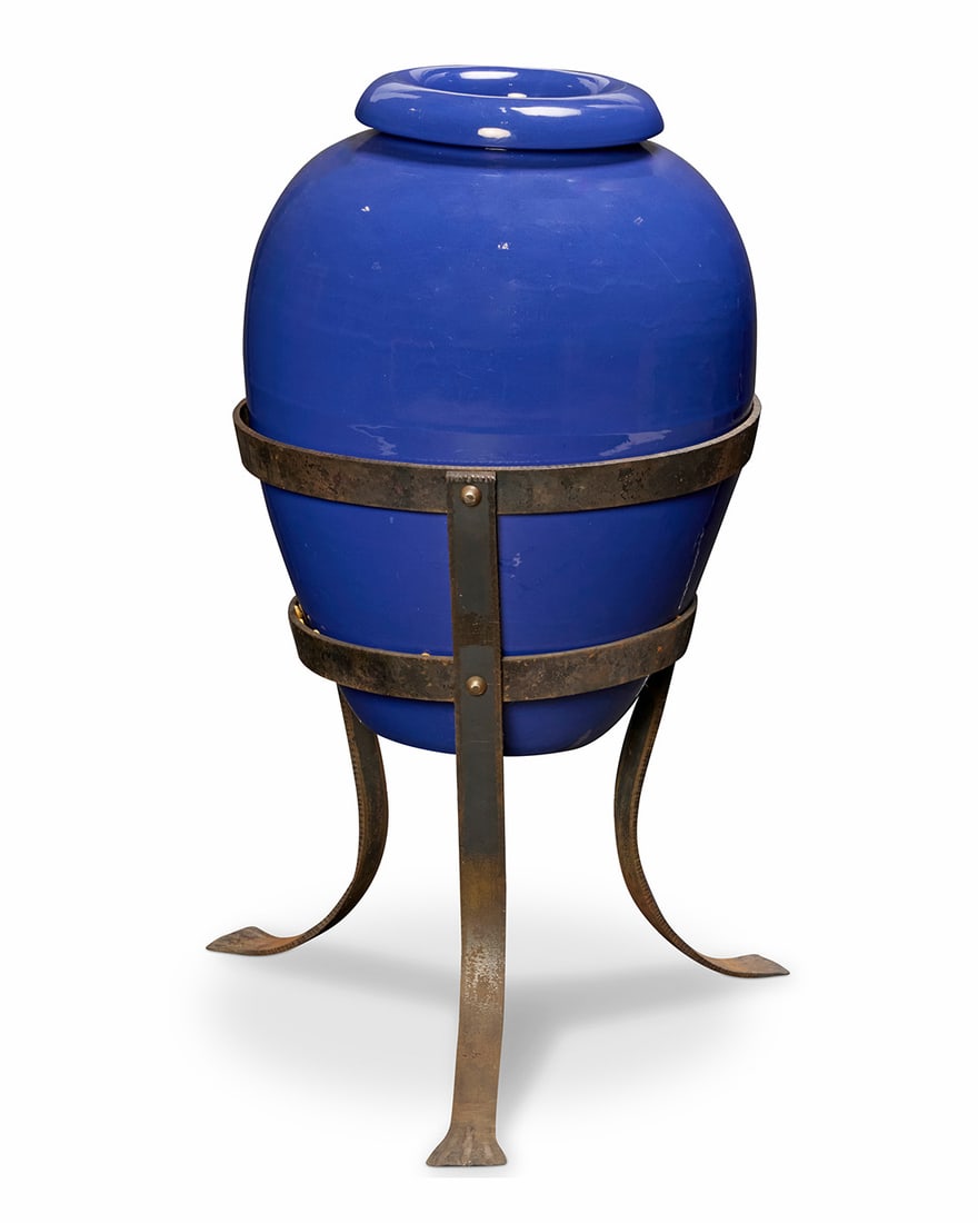 A Bauer blue glazed pottery oil jar on stand - 2