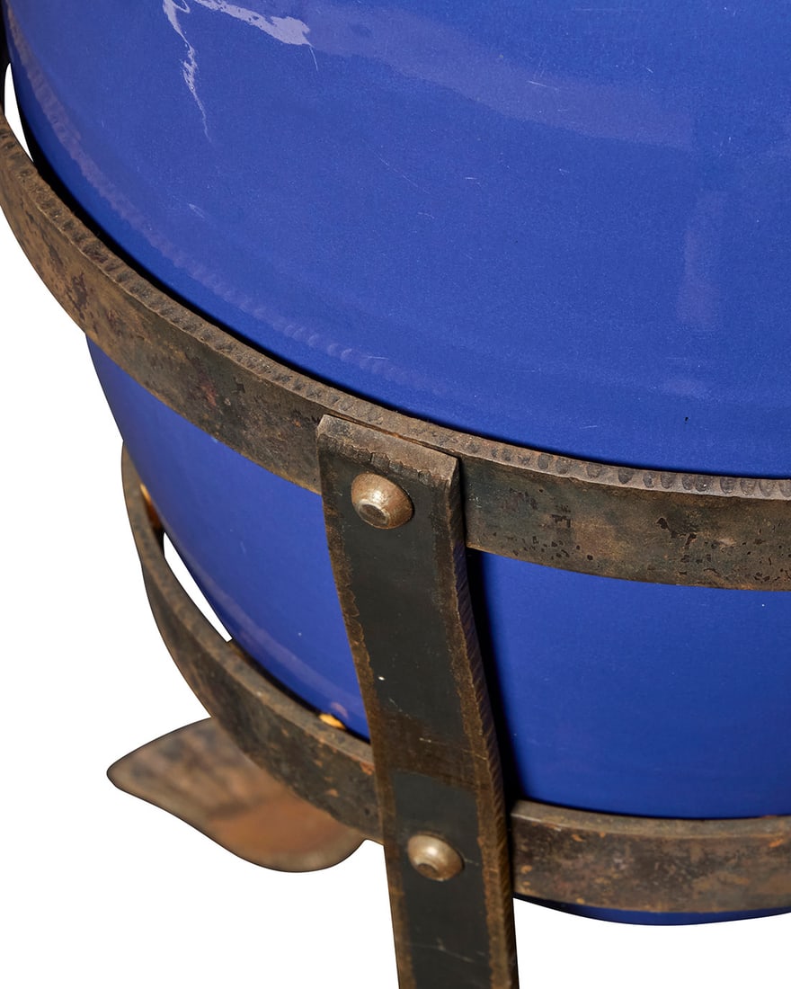 A Bauer blue glazed pottery oil jar on stand - 4